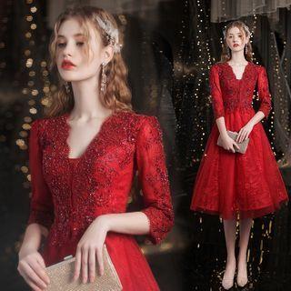 3/4-sleeve Embellished Midi Cocktail Dress