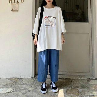 Cartoon Print 3/4-sleeve T-shirt / Cropped Wide-leg Pants