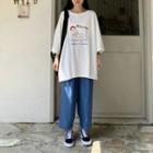 Cartoon Print 3/4-sleeve T-shirt / Cropped Wide-leg Pants