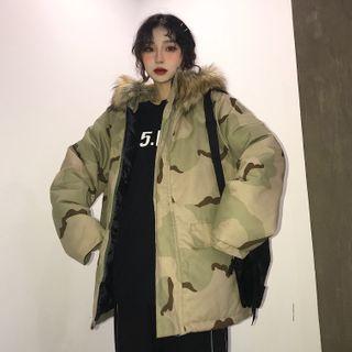 Camo Print Hooded Padded Coat