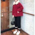Faux Fur-trim Fleece Jacket / Striped Knit Jogger Pants