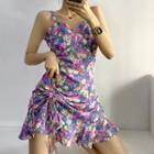 Spaghetti Strap V-neck Ruffled-trim Floral Print Drawstring Mini Dress