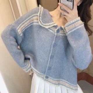 Contrast Trim Buttoned Knit Top Blue - One Size