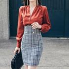 V-neck Blouse / Plaid High Waist Mini Pencil Skirt / Set