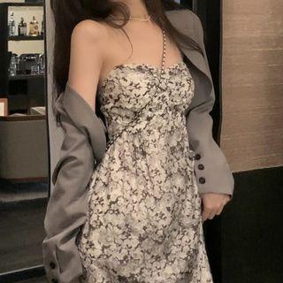 Long Sleeve Short Suit Jacket / High Waist Floral Wrap Dress