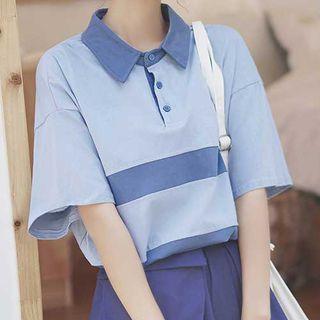 Contrast Trim Collared Elbow-sleeve T-shirt