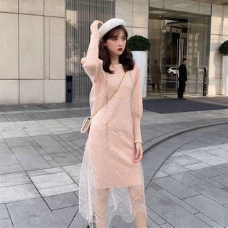Lantern-sleeve Mini Knit Dress / Spaghetti Strap Midi Mesh Dress