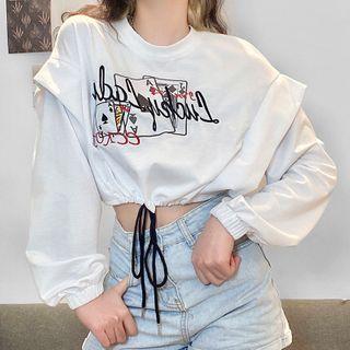 Poker Embroidered Drawstring-hem Cropped Sweatshirt