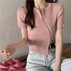 Short-sleeve Zip Detail Ribbed Knit Top