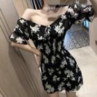 Off-shoulder Floral Print A-line Dress Floral - Black - One Size