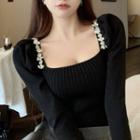 Square-neck Rhinestone Knit Crop Top