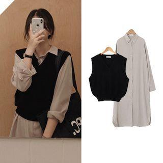 Plain Midi A-line Shirtdress / Knit Vest