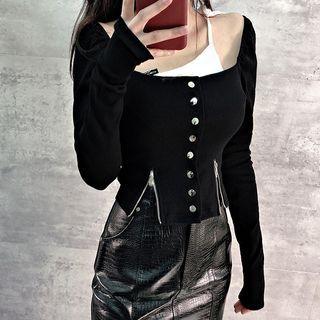 Mock Two-piece Long-sleeve Zip-accent Top