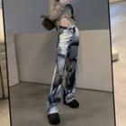 High-waist Print Boot-cut Pants / Long-sleeve Slit Top