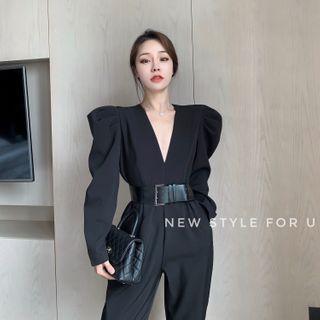 V-neck Puff-sleeve Jumpsuit With Belt