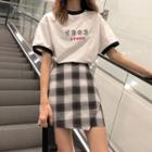 Number Print Short Sleeve T-shirt / Plaid A-line Skirt