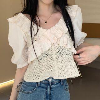 Ruffled Pointelle Knit Panel Blouse Almond - One Size