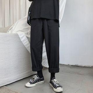 Elastic-waist Plain Straight-leg Pants