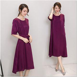 Elbow-sleeve A-line Midi Dress