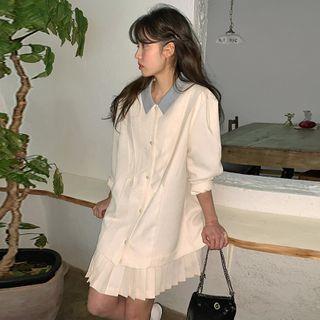 Puff-sleeve Collared Mock Two Piece Pleated Dress As Shown In Figure - One Size