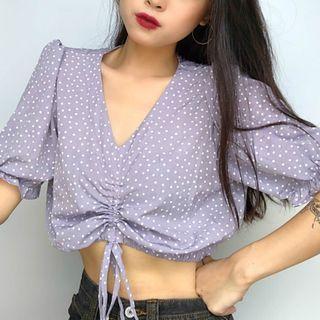 Balloon-sleeve Dotted Drawstring Blouse