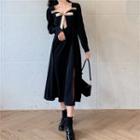 Long Sleeve Square Neck Bow Accent Slit-a-line Dress