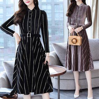 Long-sleeve Pleuche Midi A-line Shirt Dress