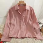 Satin Long-sleeve Loose Shirt Pink - One Size