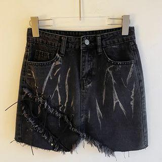 Tie-dyed Fray Hem Denim Mini Pencil Skirt