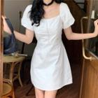 Short-sleeve Square-neck Plain Dress White - One Size
