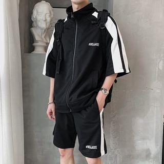 Set: Contrast Trim Elbow-sleeve Zip-up Jacket + Lettering Shorts