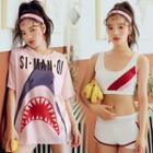 Set: Contrast-trim Tankini Top + Swim Shorts + Shark Print Cover-up