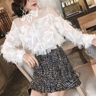 Set: Fringed Long-sleeve Blouse + A-line Skirt