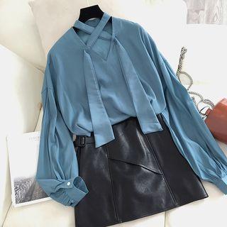 V-neck Lantern-sleeve Chiffon Blouse
