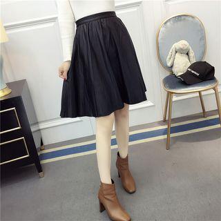 Faux Leather Tie-waist Pleated Plain Slim Maxi Skirt