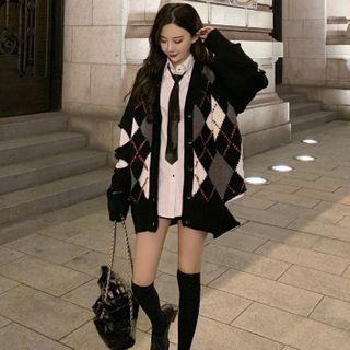 Cutout-sleeve Loose-fit Argyle Cardigan / Plain Shirt With Tie