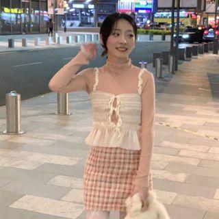 Plaid Mini Skirt / Spaghetti Strap Lace Top / Long-sleeve Mock-neck Top