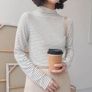 Semi Collar Striped Long-sleeve Top