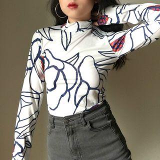 High-neck Rose Printed Long-sleeve Top