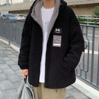 Long-sleeve Faux Shearling Patch Zipped Hooded Jacket