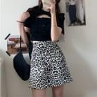 Short Sleeve / Long Sleeve Buttoned Cropped Top / Leopard Print A-line Skirt