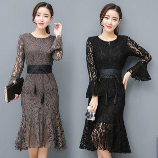Bell-sleeve Gathered-waist Long-sleeved Crewneck Sheath Cutout Plain Panel Lace Dress