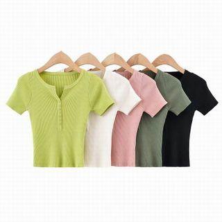Short-sleeve Half-button Cropped Rib-knit Top