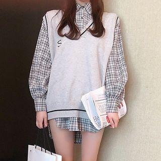 Long Sleeve Plaid Shirt / V-neck Knit Top