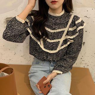 Lace Trim Floral Print Blouse Black - One Size