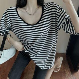 V-neck Striped Oversize Tee Stripe - One Size