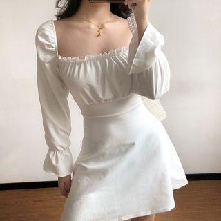 Square Collar Puff Sleeve Back Strap Dress