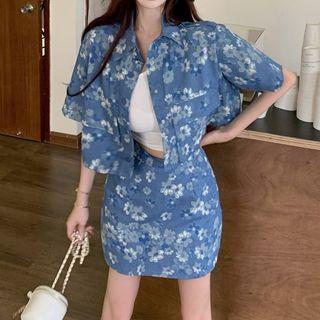 Short-sleeve Floral Denim Crop Shirt / Mini Pencil Skirt