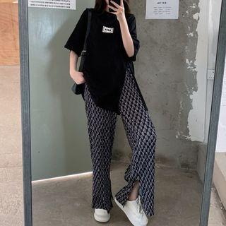 Elbow-sleeve Lettering T-shirt / Print Wide Leg Pants