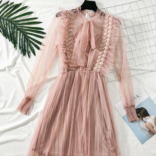 Lace-panel Mesh A-line Dress With Camisole
